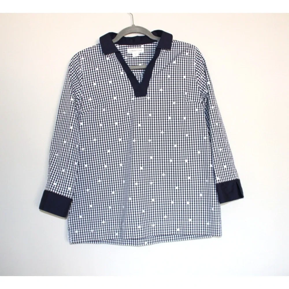 Coldwater Creek Gingham Check Plaid Polka Dot Navy Blue White Tunic Shirt Top PS - Picture 2 of 12